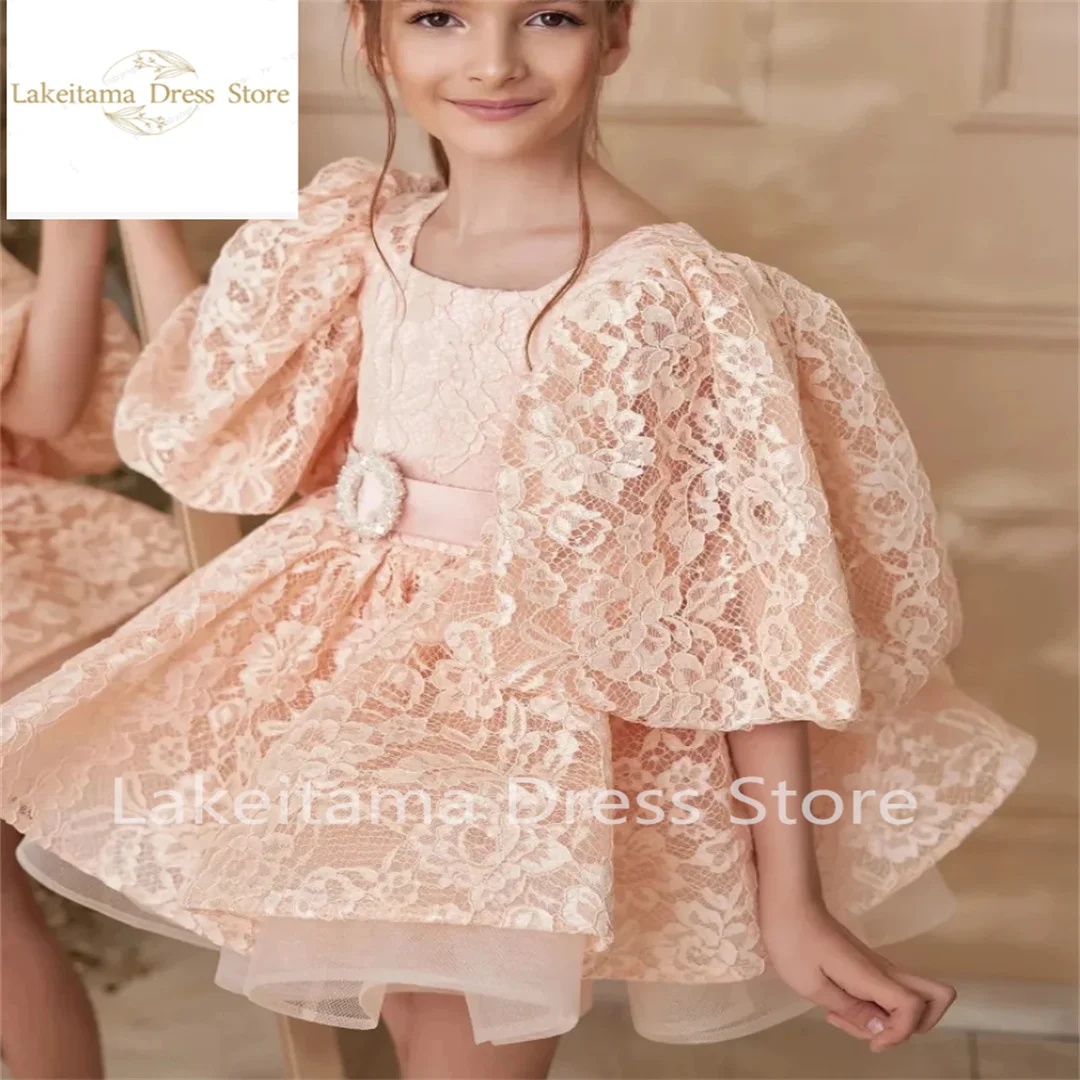 Champagne Lace Flower Girl Dress Puffy Short Sleeve Tulle Princess Pageant Gown Birthday Dress Holiday Prom Dress