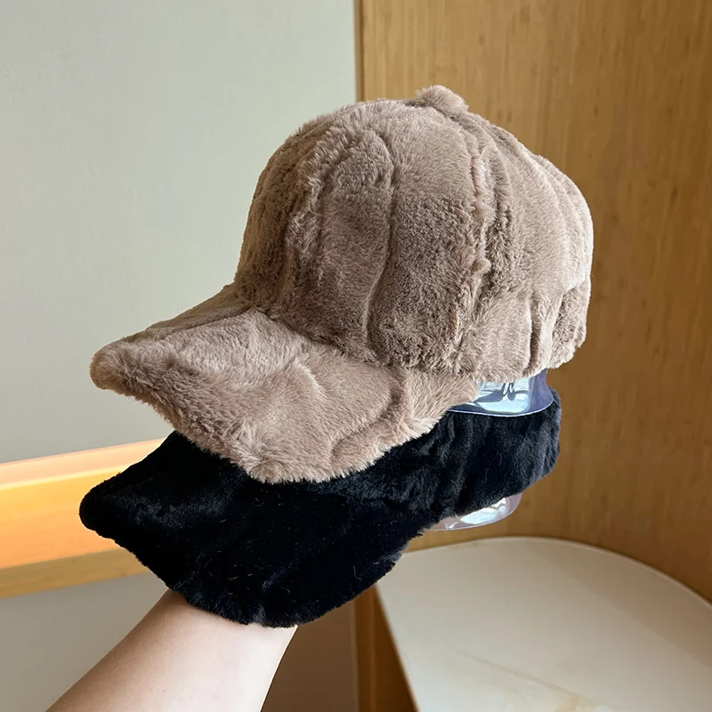 Faux Fur Baseball Cap Winter Hats For Women Men Thickened Keep Warm Snapback Cap Female Outdoor Sunshade Solid Adjustable New