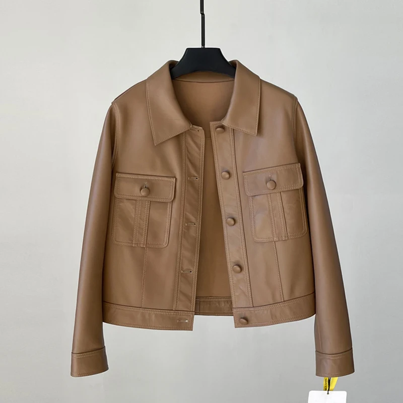 Casual Single-breasted Women Real Leather Jacket Coats 2025 Fall Lapel Full Sleeve Female Slim-fit First Layer Sheepskin Jackets