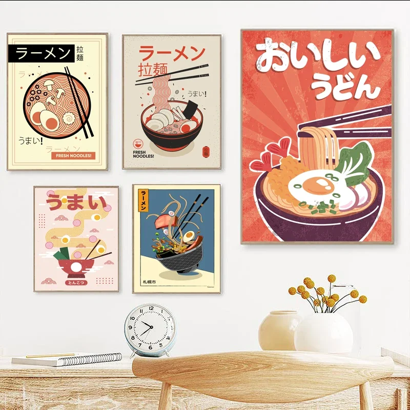 Ramen japonés con huevo, Sushi Shochu, cartel de alimentos, Teriyaki Ramen Sashimi, pintura en lienzo, cocina, restaurante, arte de pared, Dec