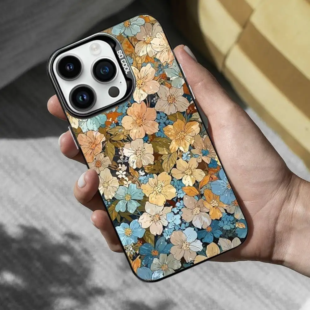 حافظة هاتف فنية مطلية بالزهور لهاتف آيفون 17,16,15,14,13,12,11,Mini,Pro,MAX,XS غطاء أسود غير لامع مقاوم للصدمات #5