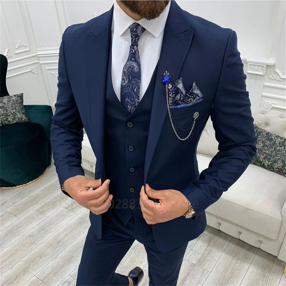 2024 New Slim Fit Men Suit Navy Wedding Tuxedos Best Man Groom Formal Dinner Prom Male Clothing 3 Piece (Blazer+Vest+Pants)