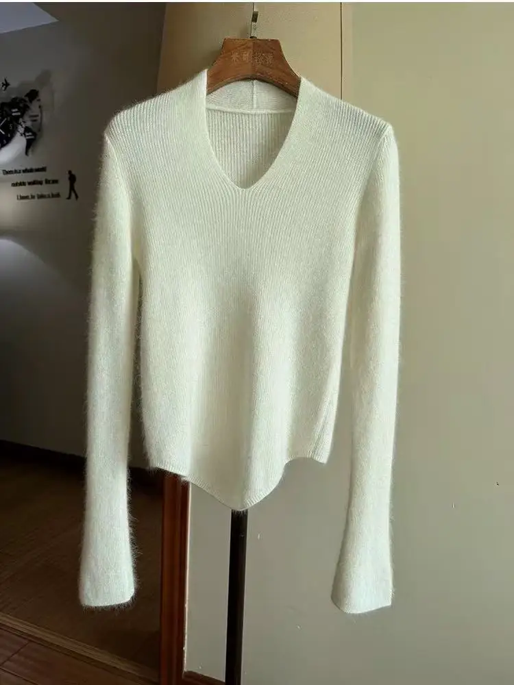 

Свитер из 100% мериносовой шерсти, женский тонкий пуловер, трикотаж, осень-зима, женская базовая одежда с v-образным вырезом, стильные топы с неровным подолом