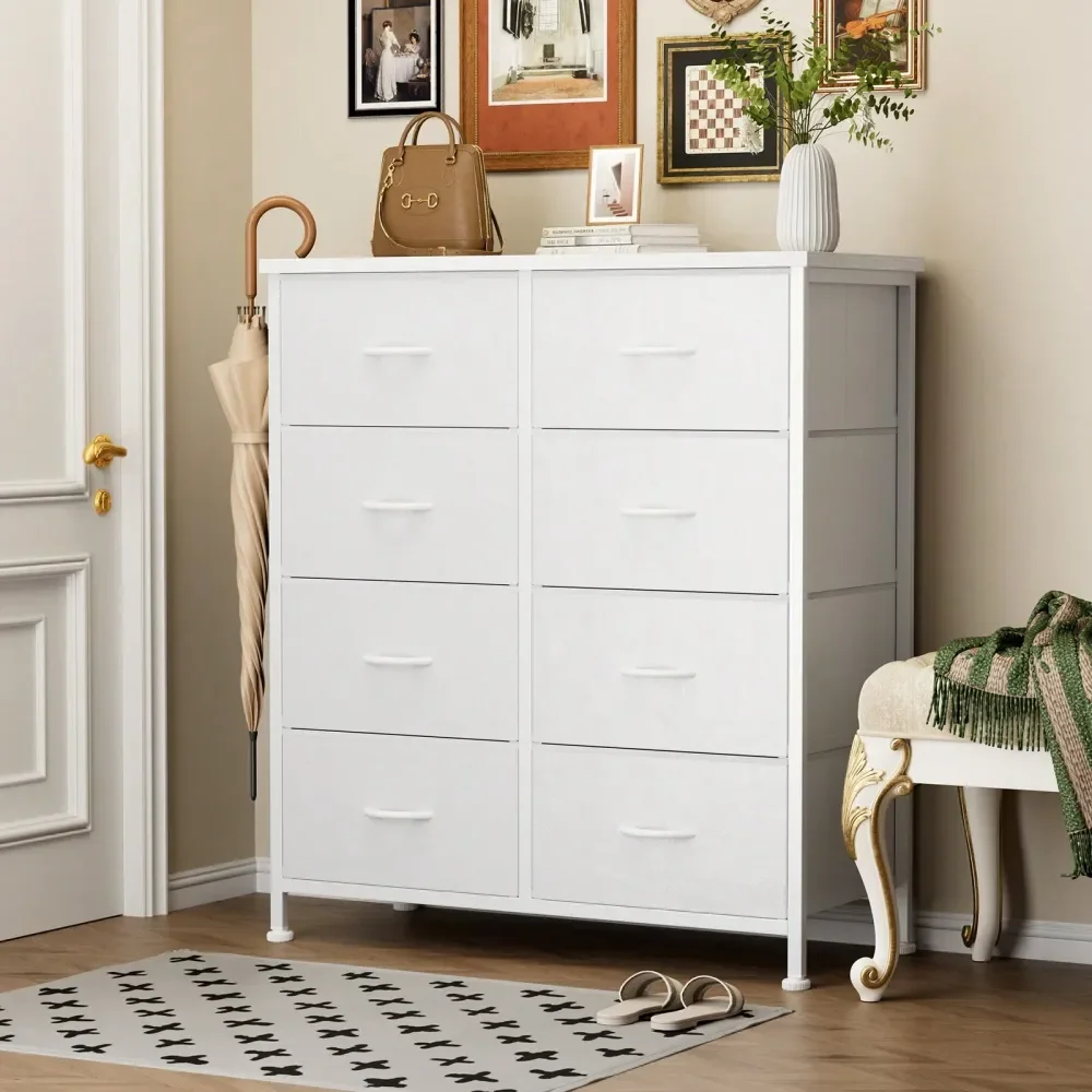 

Комод для спальни с 8 ящиками, тканевый комод, высокий органайзер для хранения с деревянной столешницей и прочной стальной рамой