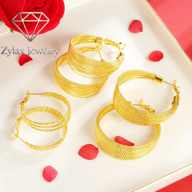 Zylax Jewelry Luxury 24K 9999 Pure Gold real gold Multi-layer earrings wrapped fashion women's ear ring