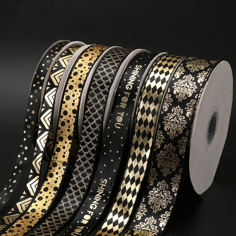 10 M/roll Gold Foil Printed Black Ribbon 25mm Grosgrain Ribbons for Gift Cake Box Wrapping Christmas Decoration DIY Bow Craft