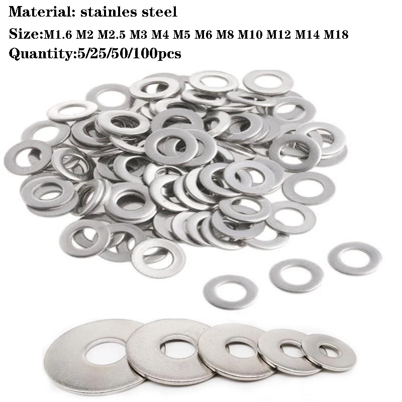 5/25/50/100 pcs M1.6 M2 M2.5 M3 M4 M5 M6 M8 M10 M12 M14 M18 304 Stainles Steel Large Size Wider Flat Washer Plain Gasket