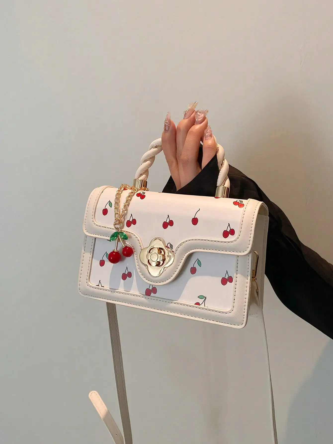 Women's Multifunctional High-Quality Fashion Cherry Print Handbag, Stylish Small Square Crossbody Bag, New Spring/Summer Collection