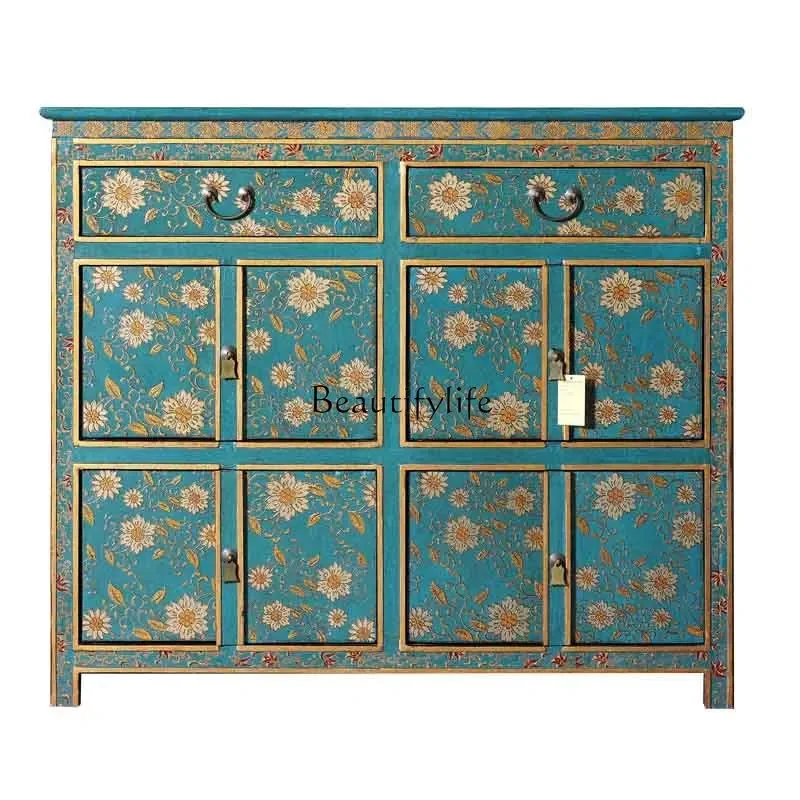 New Chinese solid wood retro entrance storage locker three-dimensional pattern cabinet