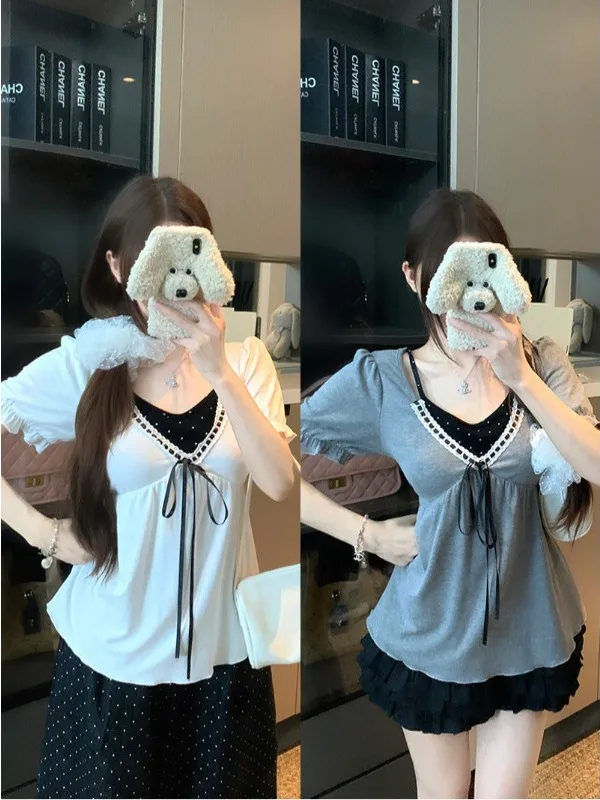

plus Size Casual Versatile Summer Fashion Pure Desirable Spicy Girl Style V-Neck Fake Two-Piece Short Sleeve Slimming Top