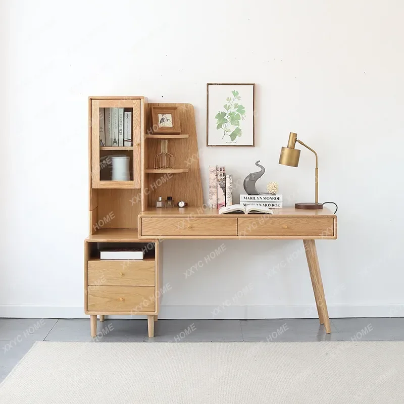 SQI   Style Creative Desk Bookshelf Combination Integrated Study Table Simple Solid Wood Study Retractable Desk