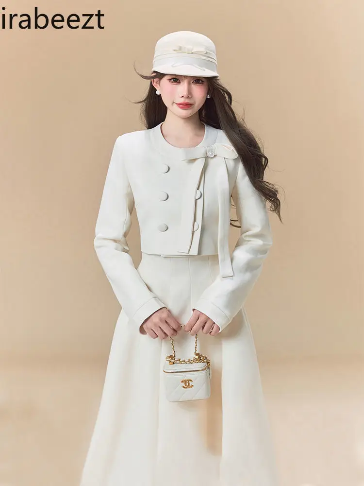 French Pearl Bow Breasted A-line Silhouette Long Skirt Fashion Set Retro Two-piece Women White Suit Women Blazer Set