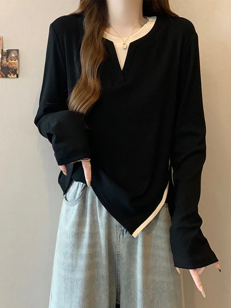 Spring Autumn Oversized T Shirts Fake Two Piece Patchwork Forked Long Sleeve Irregular Tops All Match Loose 2024 Women Clothing