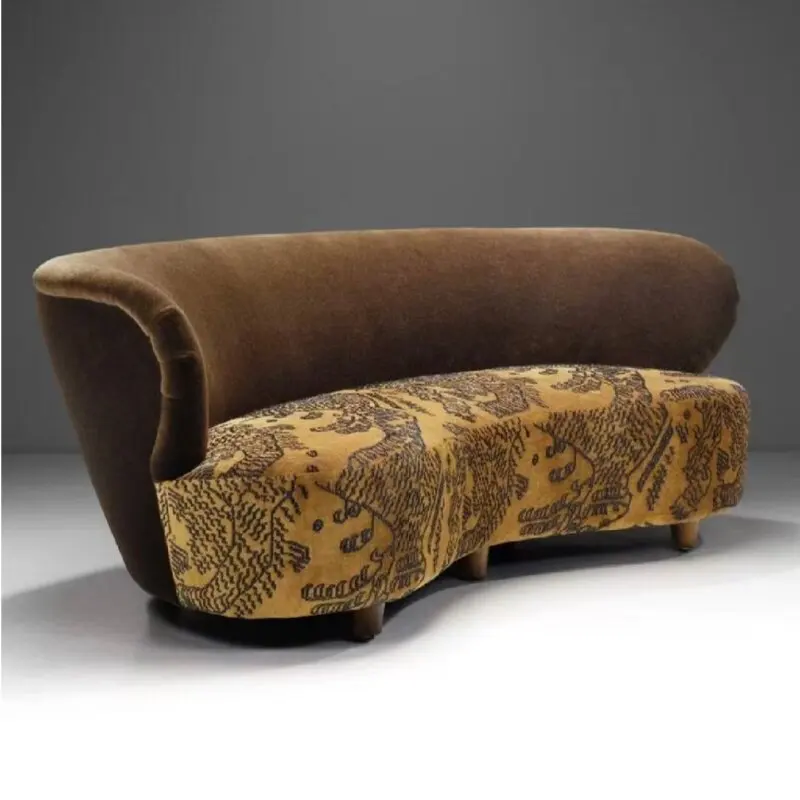 Medieval curved fabric large-sized villa three-person high-end large flat-layer retro sofa