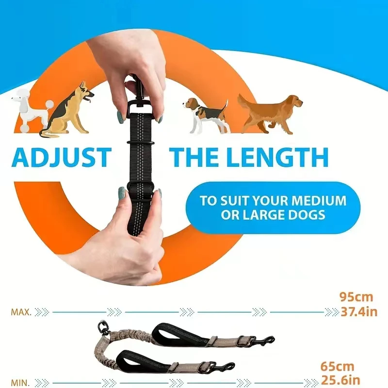 Dual Dog Leash Coupler - Comfort Padded Handles, No-Tangle, No-Pull Bungee Leash - 360° Swivel, Reflective, Shock Absorbing - Pe