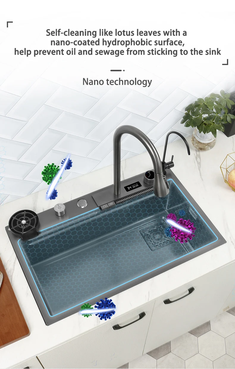 Digital Display Stainless Steel Pull Out Waterfall Faucet Nano Black Multifunctional Kitchen Sink With Digital Display