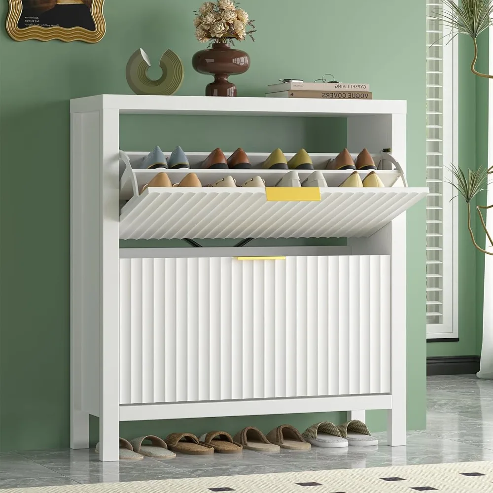 

Shoe Cabinet Storage for Entryway, Fluted Shoe Cabinet with 2 Flip Drawers, Hidden Rack Tall Freestanding Shoe Organizer