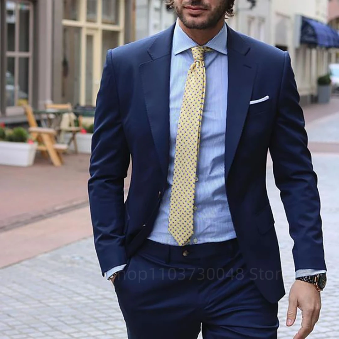 

Men's Smart Casual Navy Blue 2-Piece Slim Fit Wedding Suit with Notch Lapel Blazer Pant for Party Prom Best Man Business Wear