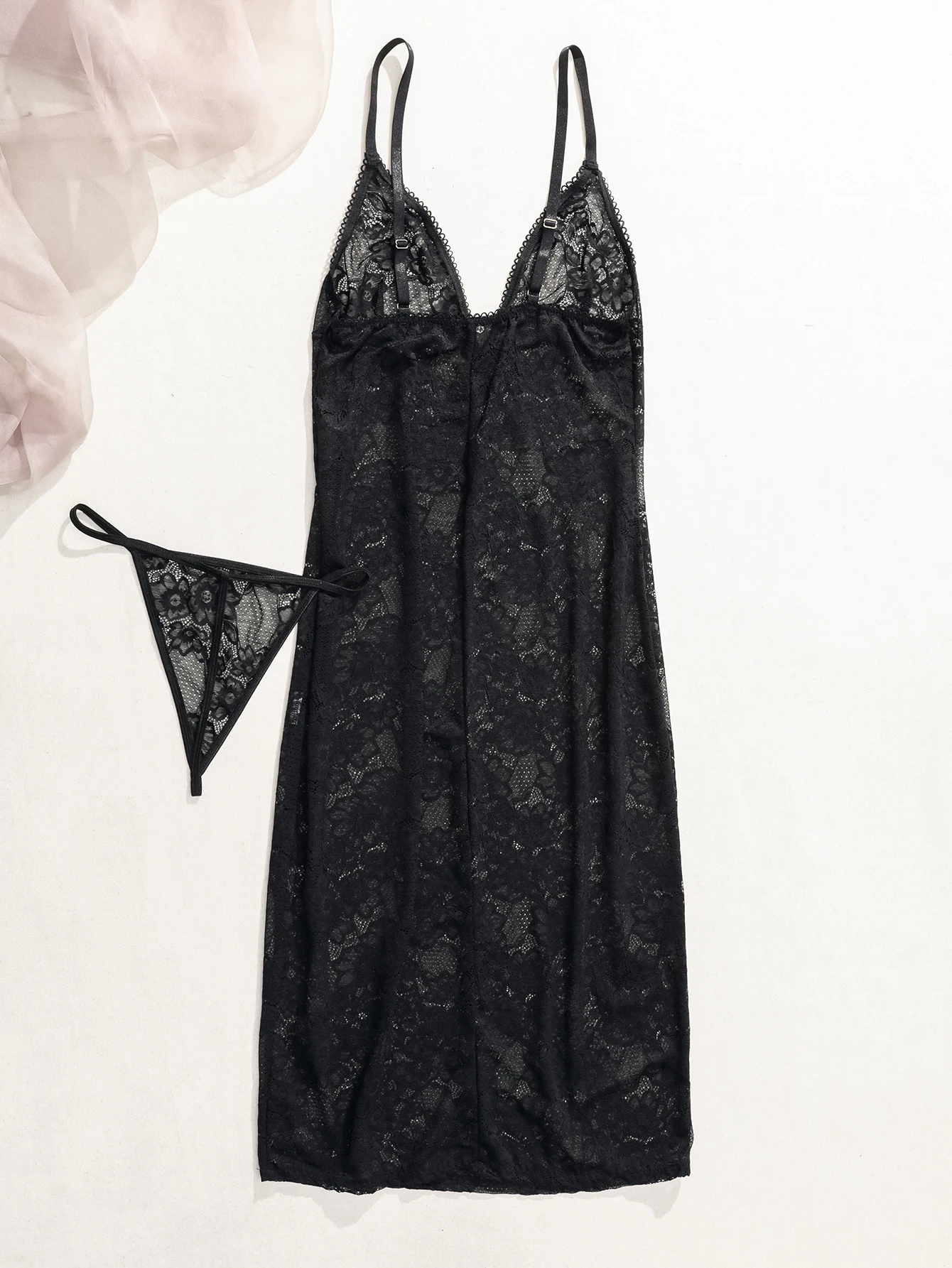 Black Lace Chemise Dress for Women Sheer Floral Mesh Slip Nightgown with Thong Date Night Lingerie