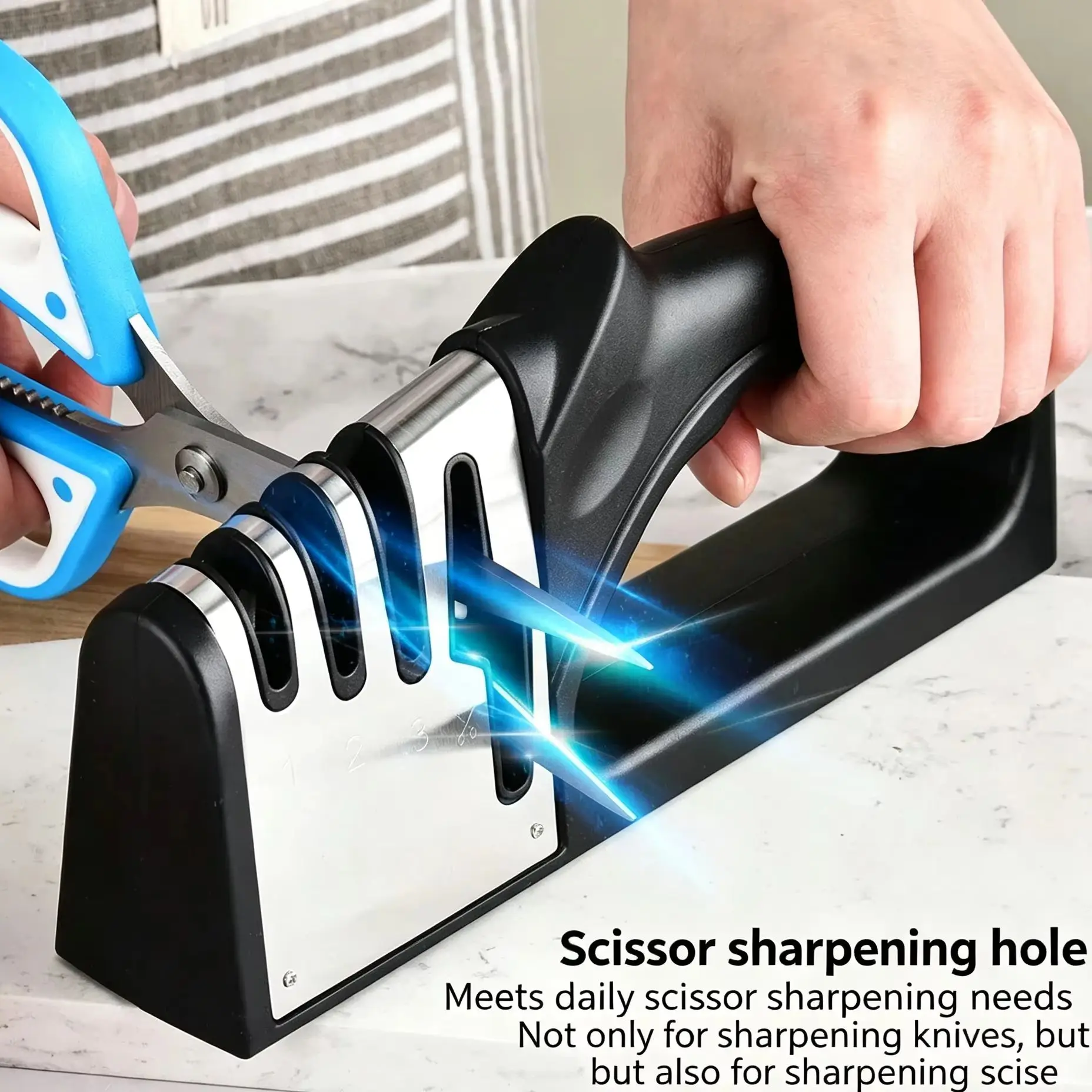 4-Stage Knife Sharpener, 4-in-1 Multifunctional Kitchen Knife Sharpener with Tungsten Steel & Diamond, Manual Knife Sharpening T
