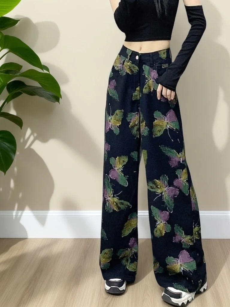 

American Style Print High Waist Slimming Black Jeans Casual High Waist Wide Leg Pants Spring Fashion Women's Jeans