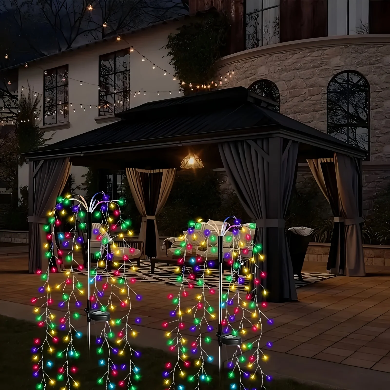 Solar-powered firecracker ground light, 120/200 LED, colored light, suitable for gardens, courtyards, walkways, and lawns.