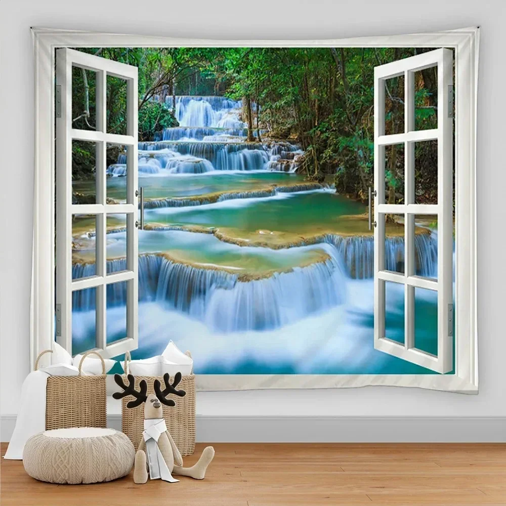 Bohemian style 3D window view decorative tapestry hippie wall decoration tapestry bedroom dormitory