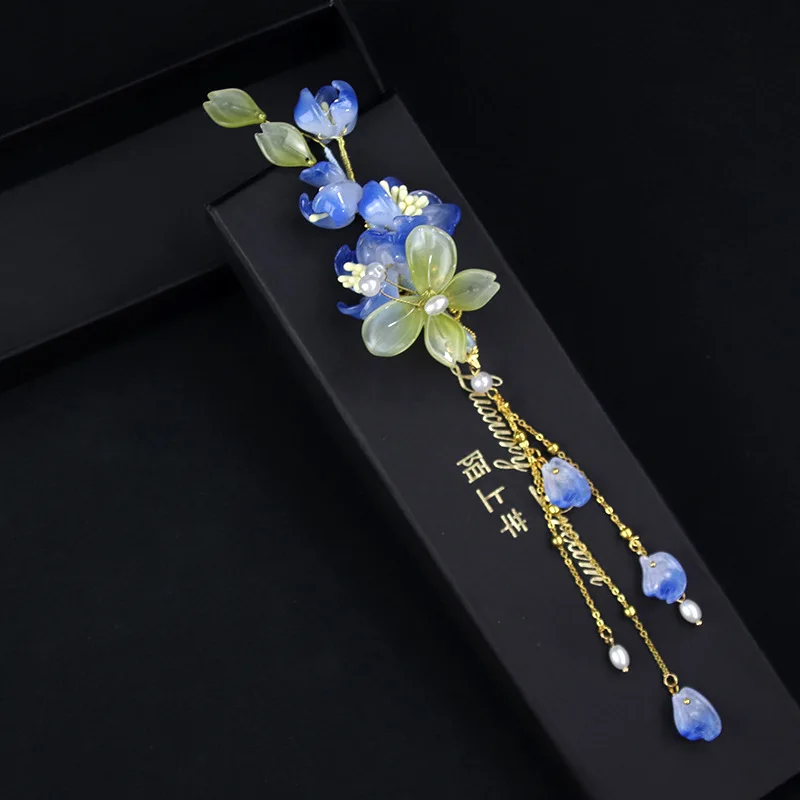 Fashion Super Fairy Ancient Style Hairpin Cheongsam Hanfu Blue Snow Lotus Tassel Side Clip Hair Accessories Women's National Y2k
