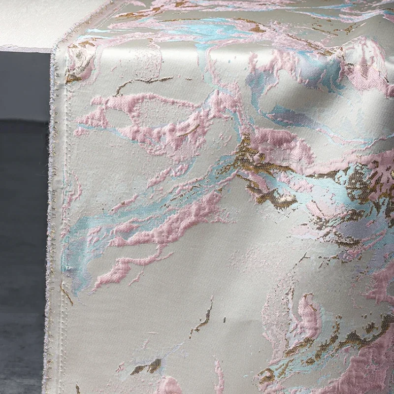 Pink Blue Gilded Block Texture Jacquard Polyester Fabric Chinese Style Relief Qipao Jacket Clothing Designer Fabric