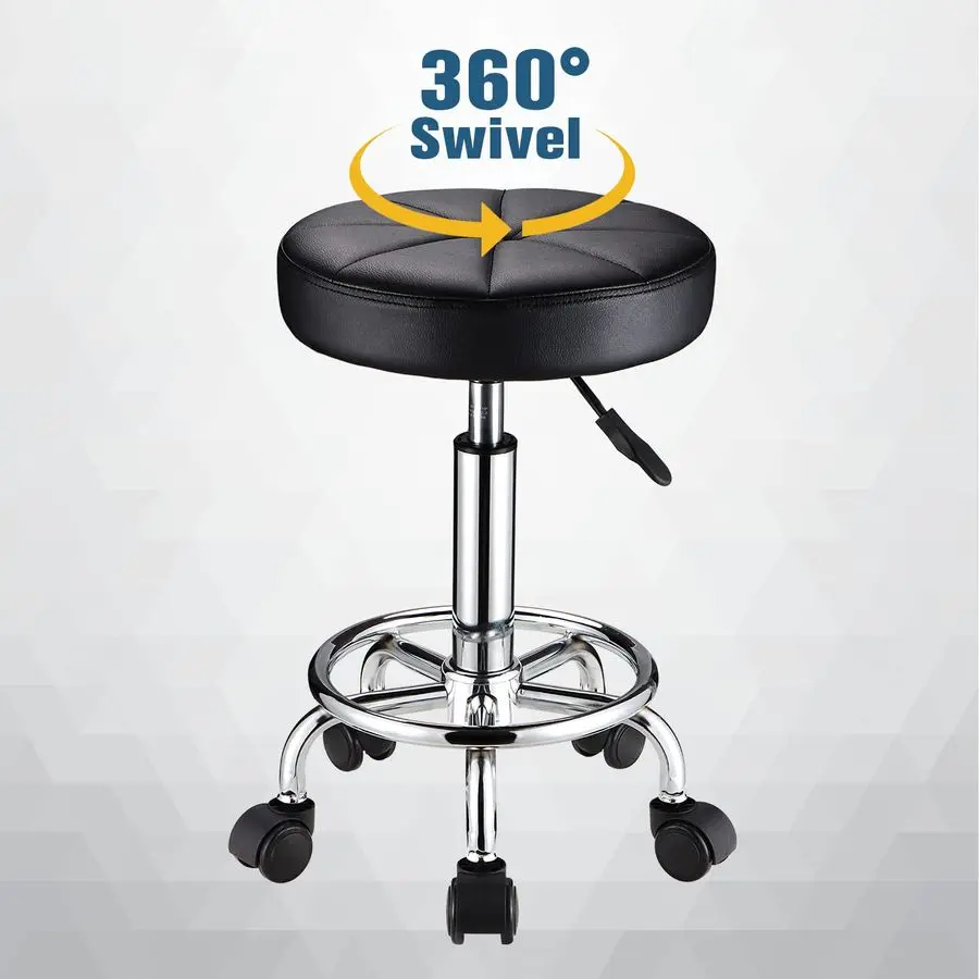 Tabouret Roulant Rond avec Roues, Réglable en Hauteur, Pivotant, pour Spa, Salon, Massage, Noir
