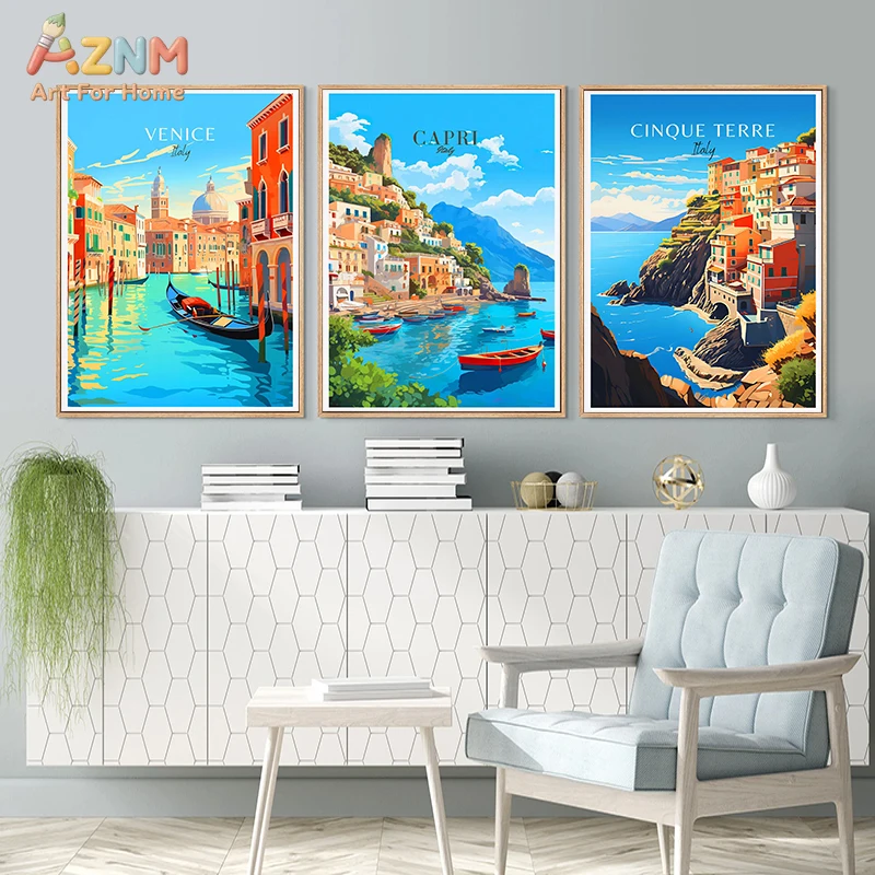 AZNM Póster de viaje vintage, paisaje urbano de Italia, arte de pared en lienzo, impresión costera de Venecia, Capri, Cinque Terre, sin marco, estilo retro italiano