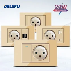 DELEFU Golden Tempered Glass Israel USB TypeC Fast Charging Wall Socket Light Tuya Wifi Smart Switch Sat TV Tel Doorbell Curtain