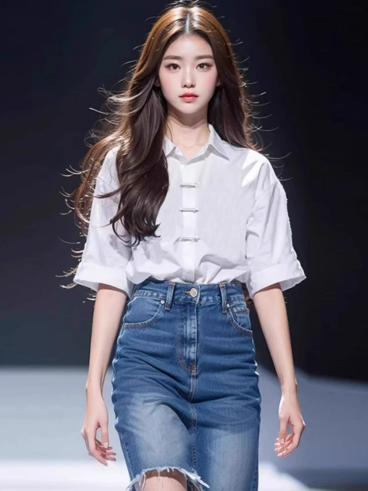 Neue chinesische Sle Kragen weiß IRT Damen Sommer lose ort Sve einzigartige Button-up Top koreanische Faion lose Passform