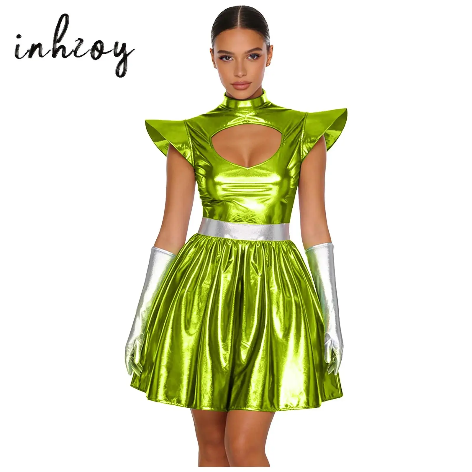 

Womens Alien Astronaut Dress up Costume Glossy Metallic Fly Sleeve Tulle Skirt Boyshorts Jumpsuit Halloween Theme Party Cosplay