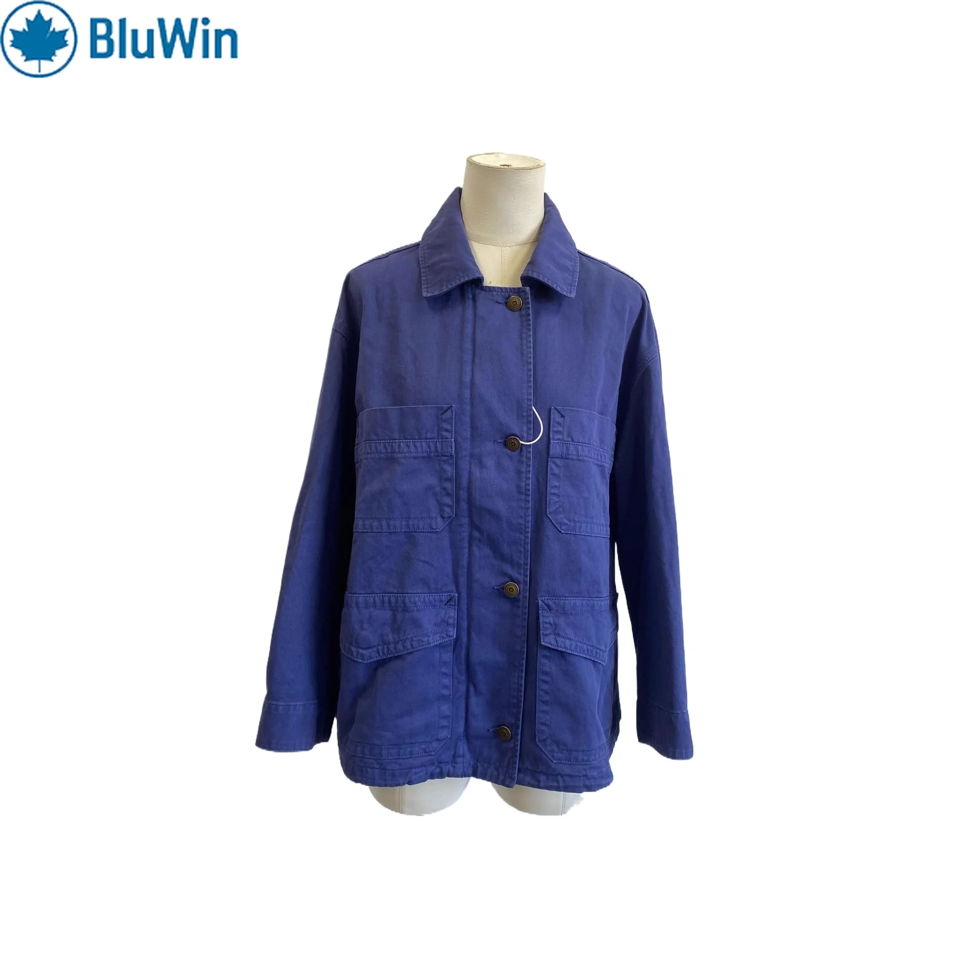 

URBANCHIC Workwear Chore Jacket Women Cotton Twill Utility Pockets Button Front Blue