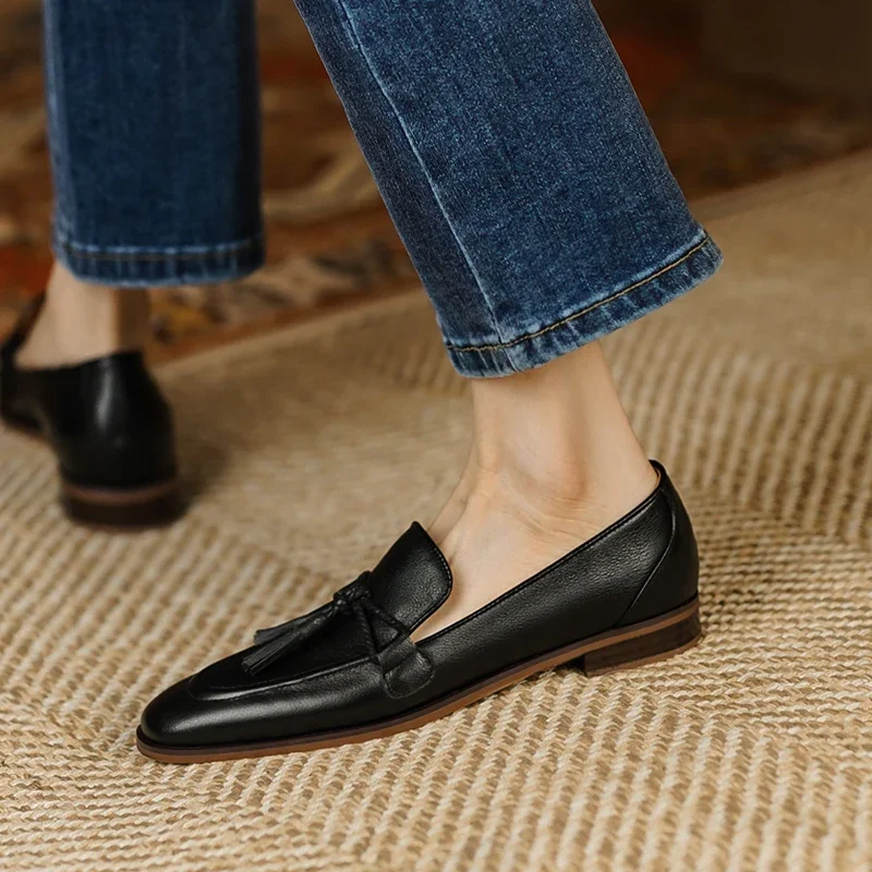 2023 Spring Genuine Leather Women Shoes Casual Slip-On Loafers Comfortable Simple  Square Toe  Woman