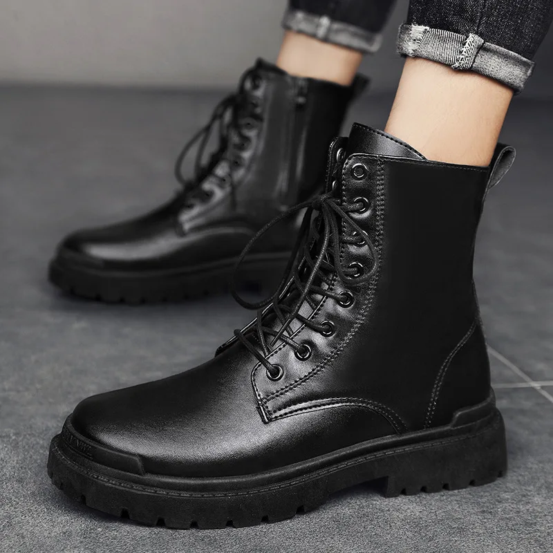 Men Black Leather Boots New British Style High Top Fashion Work Boots Outdoor Street Fashion Chelsea Men Shoes Comfortable Short