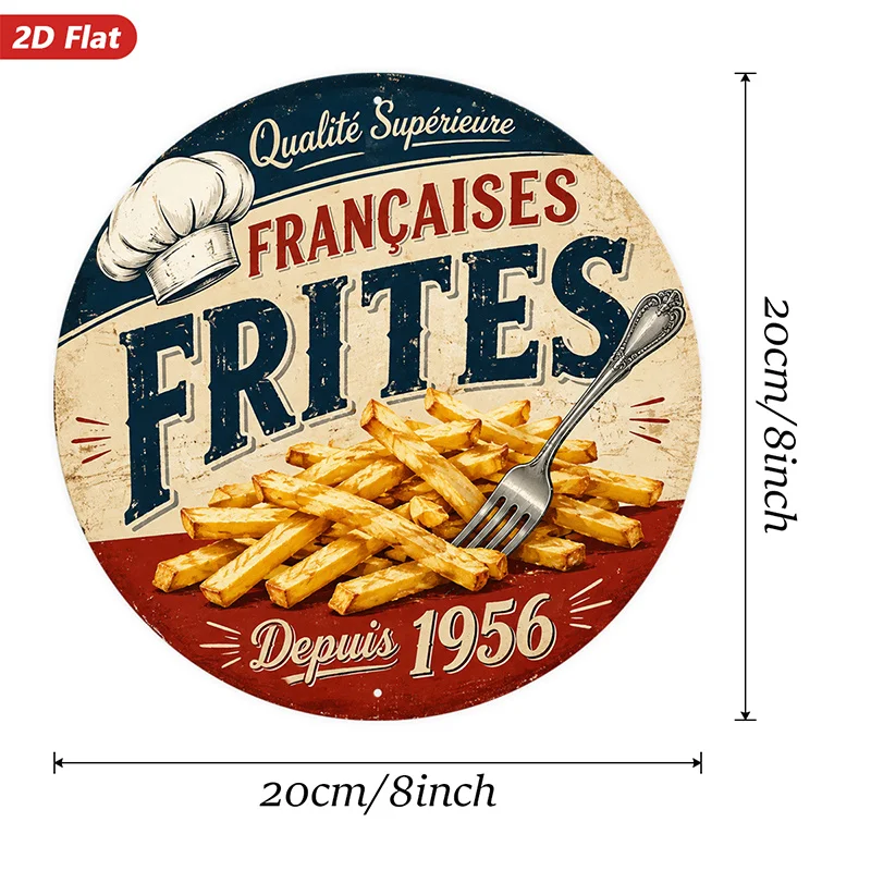 2D Flat, 1pc Vintage Fries Bistro Round Metal Sign Wall Art, Home Decor, Golden French Fries, Fork And Chef Hat, French Wording