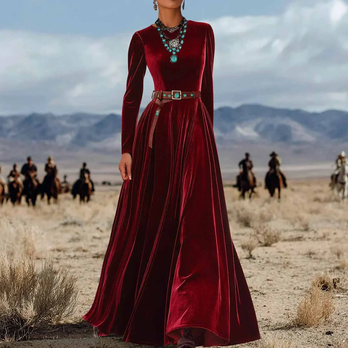 

2025 Elegant Autumn and Winter Long-sleeved Western Velvet Dress Without Belt