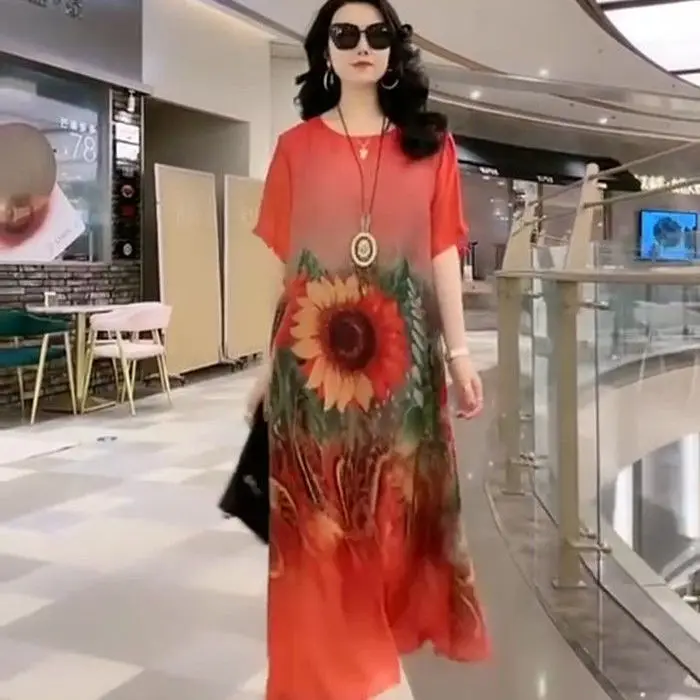 2022 Mùa Hè Mới Bohemian Ăn Mặc Thời Trang Nữ Lỏng Lẻo Rộng Lady Dâu Váy Lụa Phụ Nữ Cổ Tròn In Áo Thun Dài Ăn Mặc