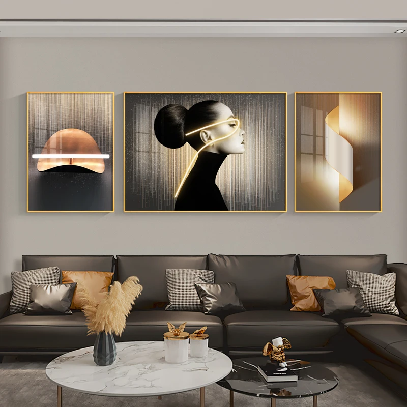 #Living Room Decoration Painting LED Lighting Mural Luxury Figure Triptych Painting Hanging Painting