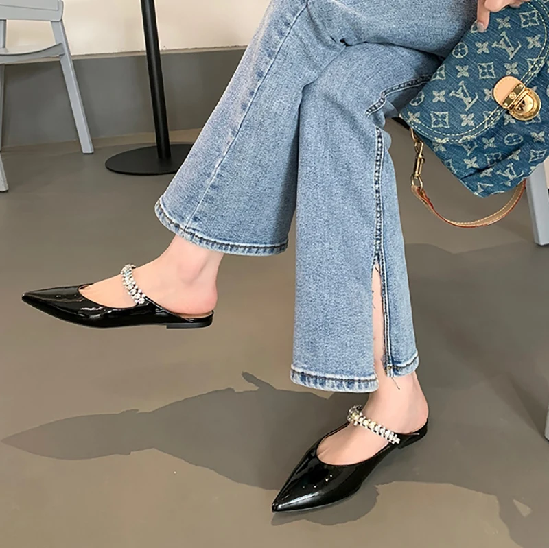 Female Shoes Shallow Pointed Toe Mules For Women 2024 Thin Heels Slippers Soft Beige Heeled Sandals Slides Fashion New Comfort H