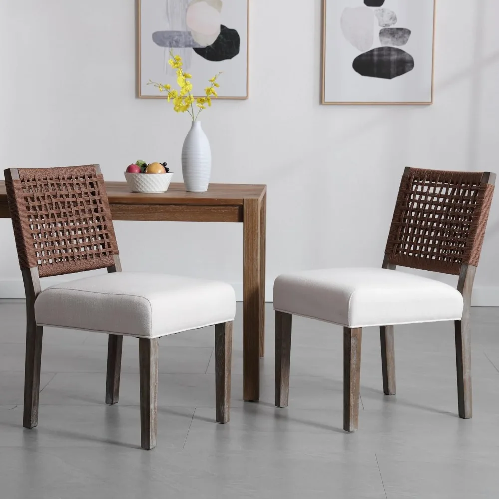 Upholstered Dining Chairs Set of 2, Farmhouse Dining Room Chairs Beige Kitchen Chairs Wooden Side Chair for Dinning Room - Linen