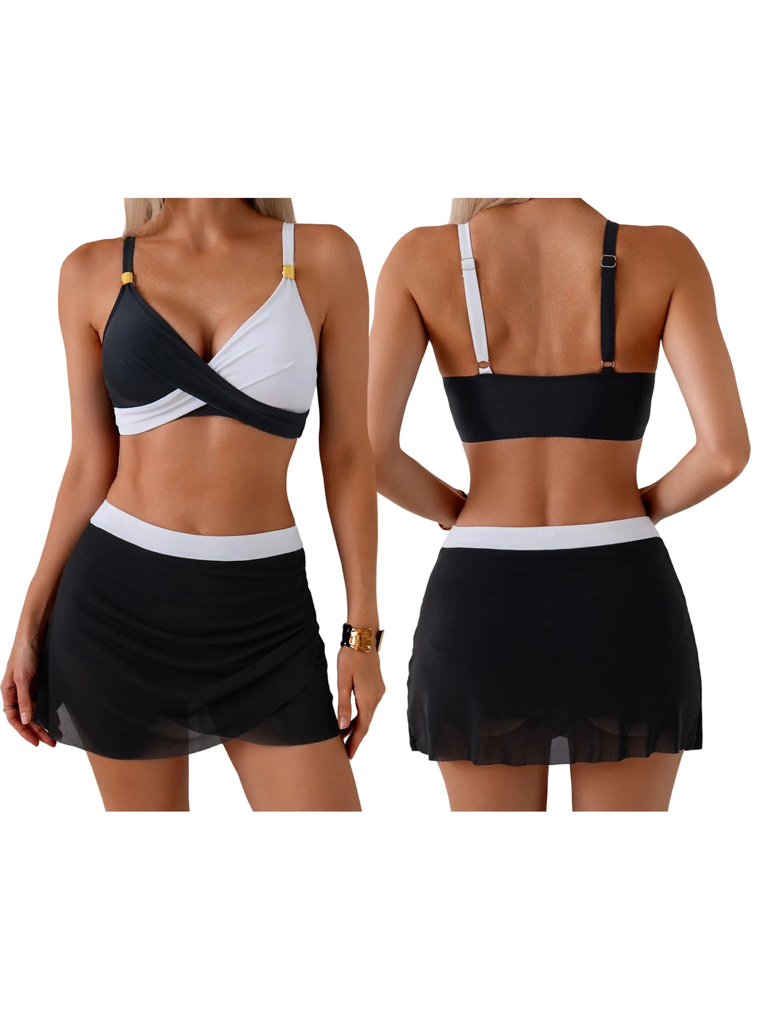 

Стильный женский купальник из двух частей с юбкой и контрастным верхом бикини – модный летний купальный костюм для женщин