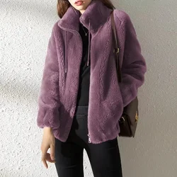 Coat Women Fashion Ins 2023 Autumn/Winter Outerwear Double sided Velvet Warm Sweater Female Zipper Mock Collar Fleece Coat Women