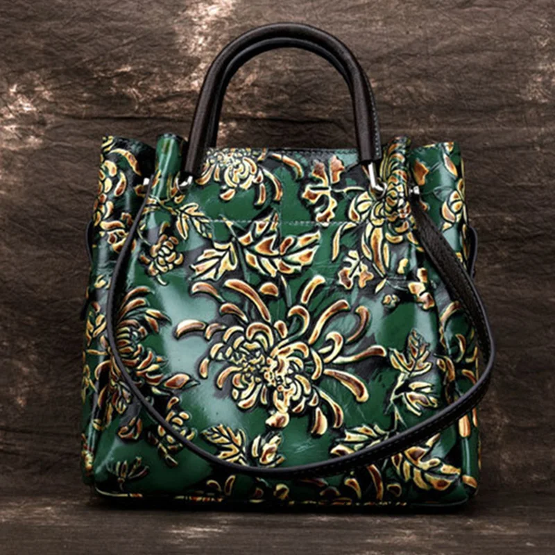 Natural Skin Embossed Messenger Shoulder Female Handbag Tote Bags Floral High Quality Genuine Leather Women Top Handle Bag