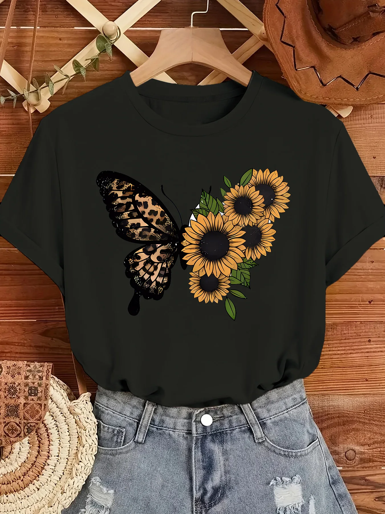 Danqiyoyo Butterfly Sunflower Print women Clothes Tee Shirt Homme Graphic T-Shirts women Tshirt for women Ropa Hombre 27050