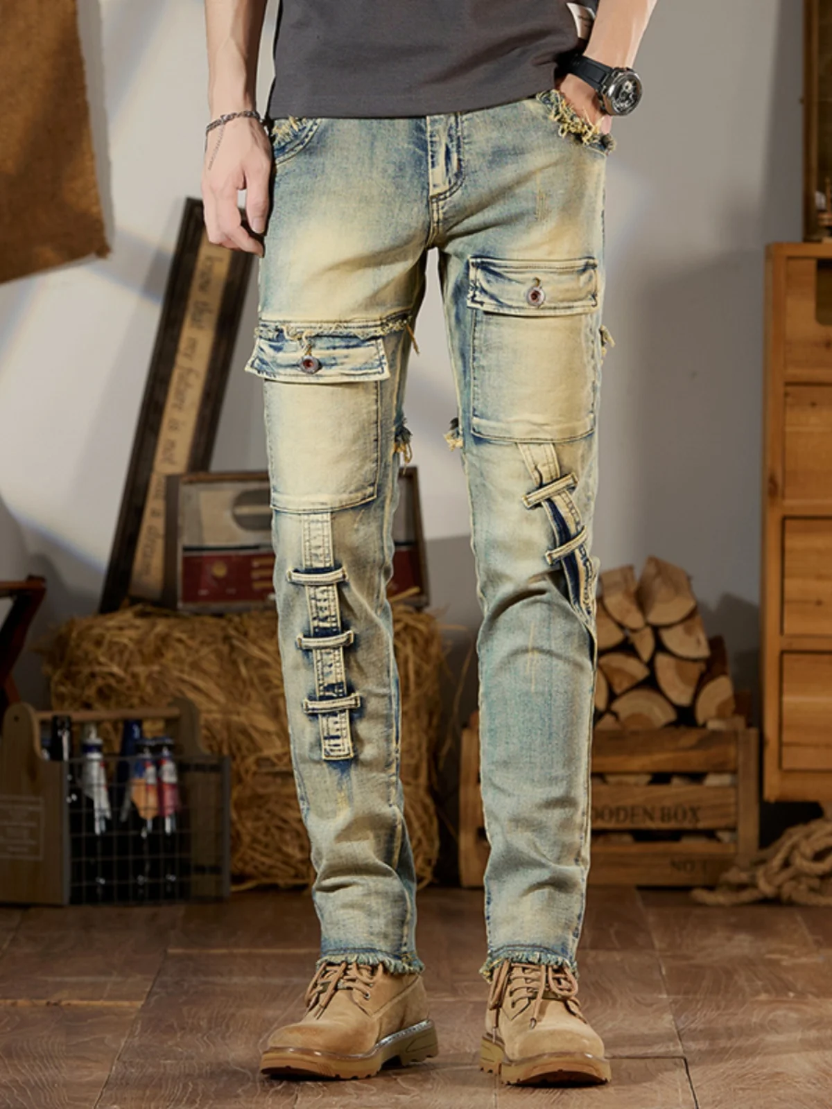 

Retro Patchwork Denim Jeans Men's Riding Biker Style Multiple Pockets Long Pants High Street Trend Youth Cotton Stretch Fabric