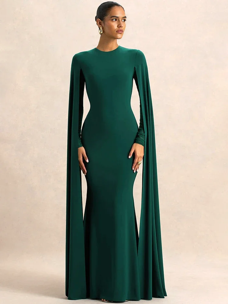 

Cape Long Sleeve Sexy Maxi Dress Women Elegant Solid O Neck High Waist Bodycon Club Party Long Dresses Female Fashion