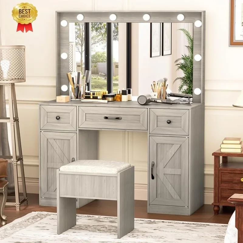 

Makeup Vanity with Lights, Grey Farmhouse Vanity Desk with Lighted Mirror, 3 Lighting Modes, Brightness Adjustable